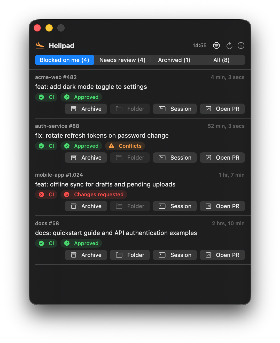 Helipad floating panel showing open PRs with CI and review badges