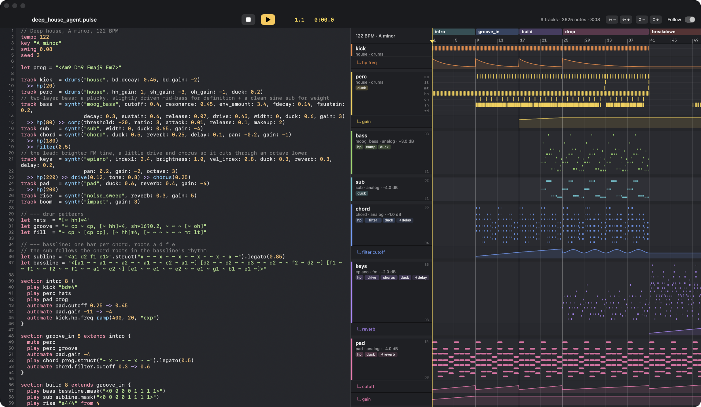 Pulsar Studio: a code editor on the left and an Ableton-style arrangement with piano rolls, drum lanes and automation curves on the right